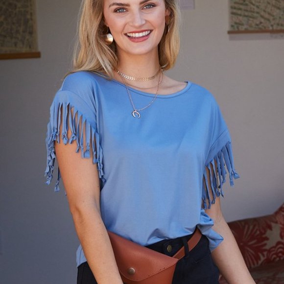 Fringe Detailed Sleeve Top, Denim Blue - Picture 3 of 4